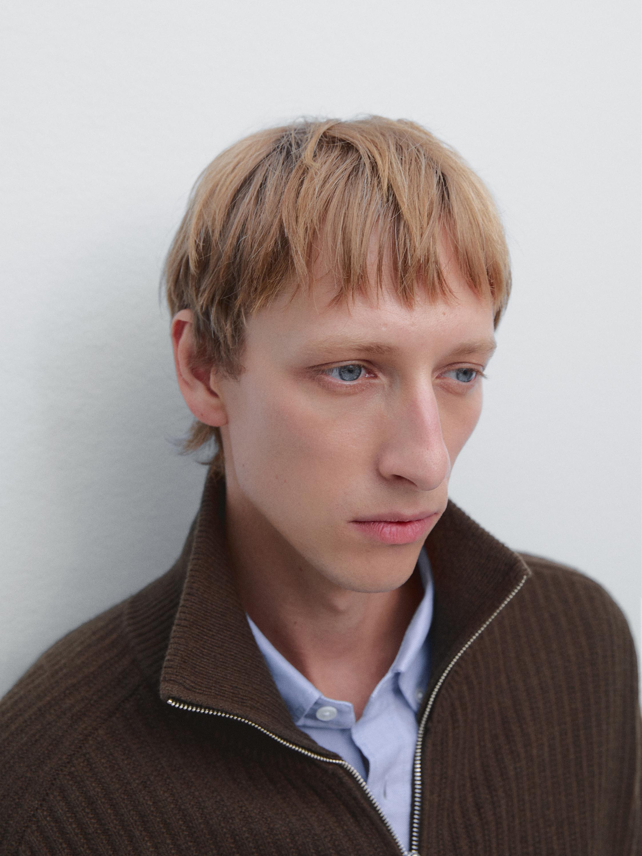 Wool blend zip-up knit cardigan